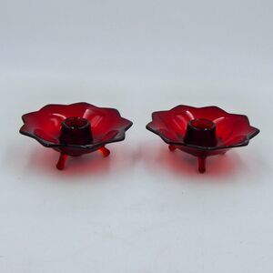 Fenton Dark Ruby Red Amberina Cadmium Glass Lotus Petal 3 Toe Candle Holder Pair